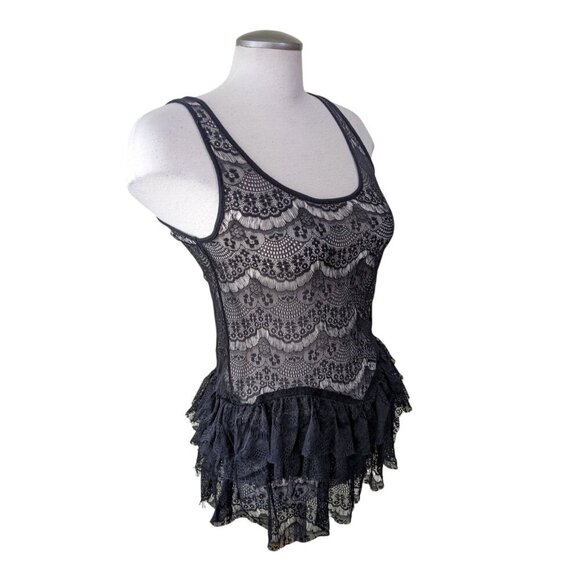 Ella Moss Womens Sheer Lace Tank Top Small Black Tiered Peplum Whimsigoth Witchy - Picture 2 of 5